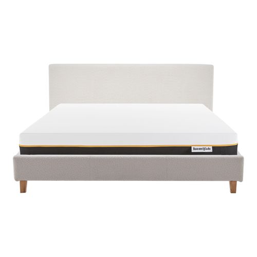 Ensemble Lit adulte 180x200cm avec tête de lit en tissu bouclé beige - Milo + Matelas mémoire de forme - Dual Confort
