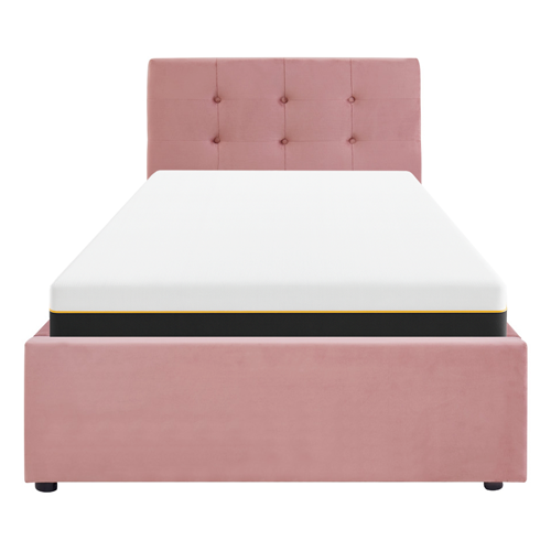 Ensemble Lit coffre adulte 90x190cm avec tête de lit en velours rose - Tina + Matelas mémoire de forme - Dual Confort