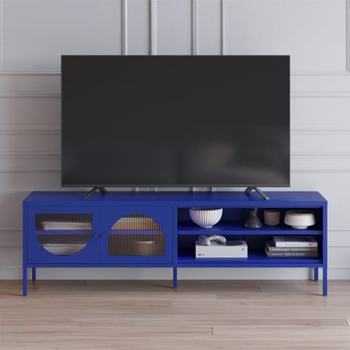 Meuble TV 2 portes 2 niches en métal bleu électrique 160 cm - Ysia