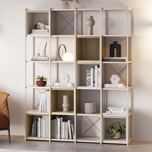 Bibliothèque 5 niveaux en métal beige et décor bois 140 cm - Elie