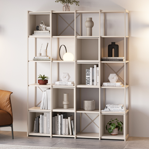 Bibliothèque 5 niveaux en métal beige et décor bois 140 cm - Elie