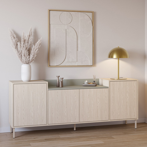 Buffet 4 portes décor chêne clair et vert 200 cm - Amos