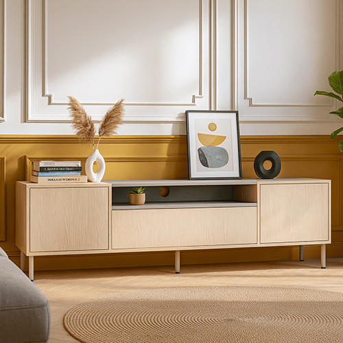 Meuble TV 3 portes chêne clair et vert 180 cm - Amos