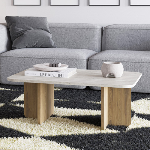 Table basse décor travertin et piètement couleur chêne 100 cm - Mina