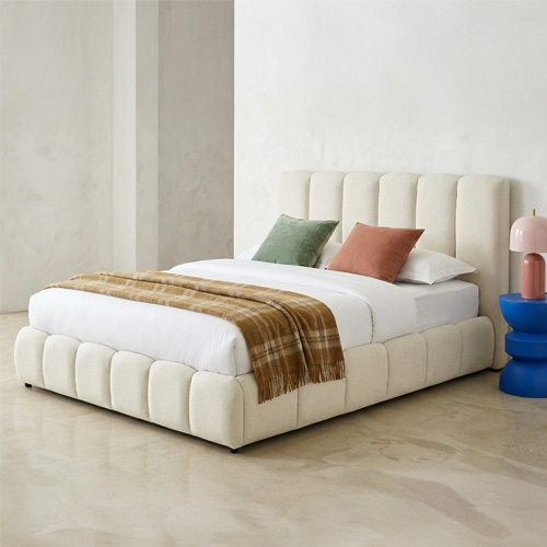 Lit coffre adulte 140x190 cm avec tête de lit capitonnée en tissu chenille beige - Nils