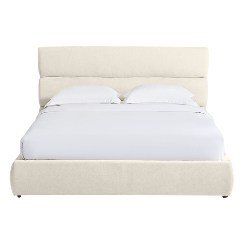 Lit coffre adulte 140x190 cm avec tête de lit capitonnée en tissu chenille beige - Simon