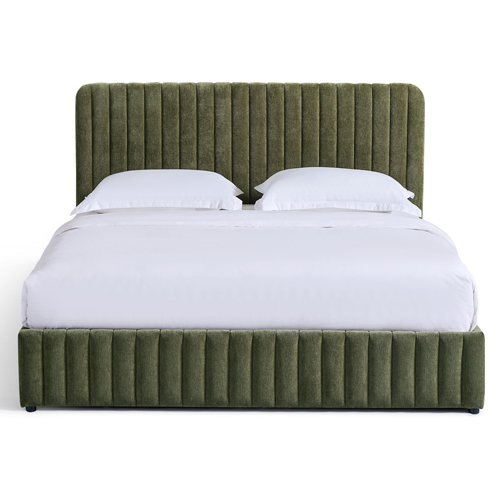 Lit coffre adulte 140x190 cm avec tête de lit capitonnée en tissu chenille vert kaki - Alto