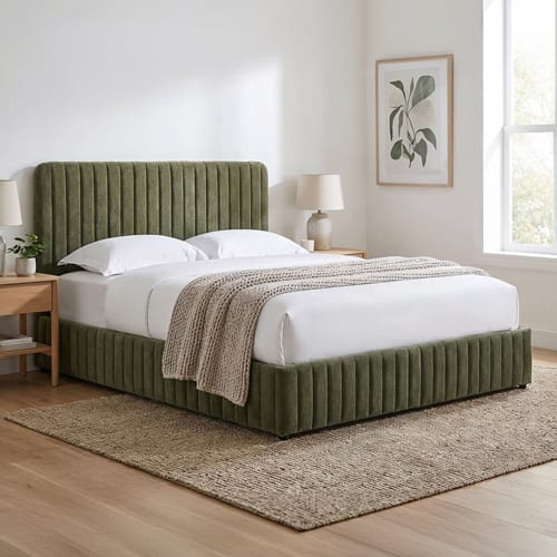 Lit coffre adulte 160x200 cm avec tête de lit capitonnée en tissu chenille vert kaki - Alto