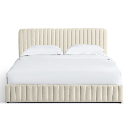 Lit coffre adulte 180x200 cm avec tête de lit capitonnée en tissu chenille beige - Alto