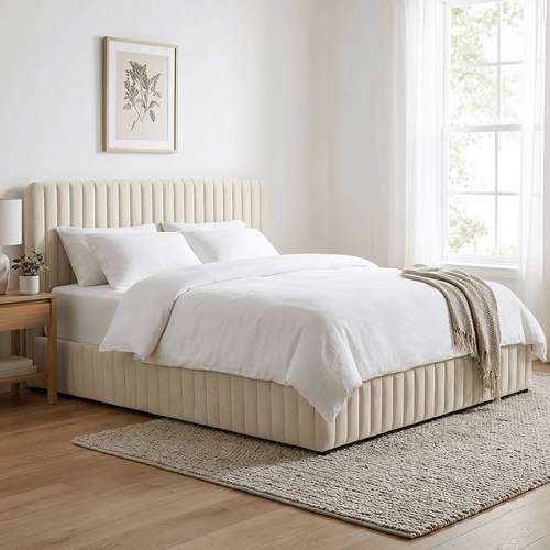 Lit coffre adulte 180x200 cm avec tête de lit capitonnée en tissu chenille beige - Alto