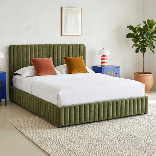 Lit coffre adulte 180x200 cm avec tête de lit capitonnée en tissu chenille vert kaki - Alto