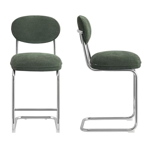 Lot de 2 tabourets de bar en tissu chenille vert, piètement chromé - Lou