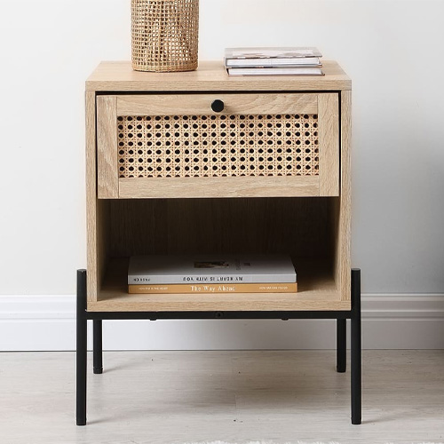 Lot de 2 tables de chevet 1 tiroir en cannage et effet chêne 40 cm - Iris