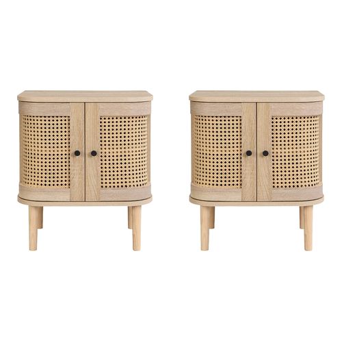 Lot de 2 tables de chevet 2 portes couleur chêne et cannage 40 cm - Bali