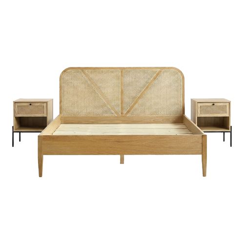 Ensemble Lit adulte 180x200 cm en bois avec tête de lit en bois massif et cannage Leonie + lot de 2 chevets Iris