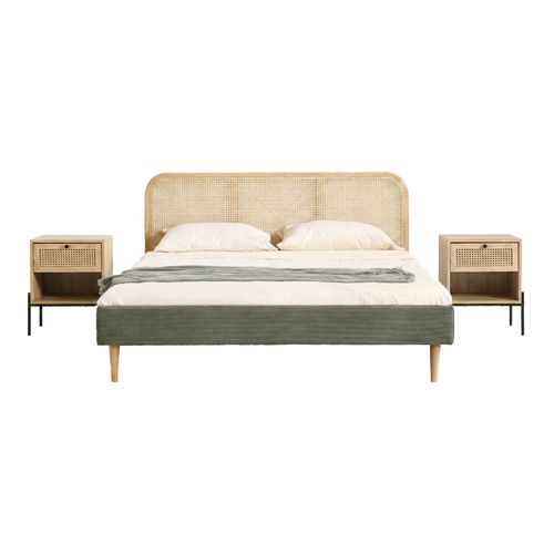 Ensemble Lit adulte 160x200 cm en velours côtelé vert kaki avec tête de lit en cannage Dalia + lot de 2 chevets Iris