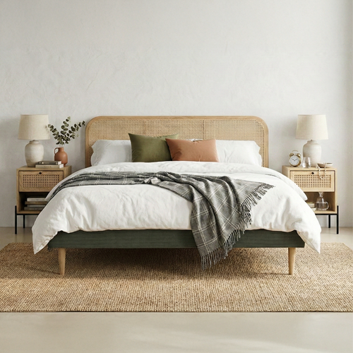 Ensemble Lit adulte 160x200 cm en velours côtelé vert kaki avec tête de lit en cannage Dalia + lot de 2 chevets Iris