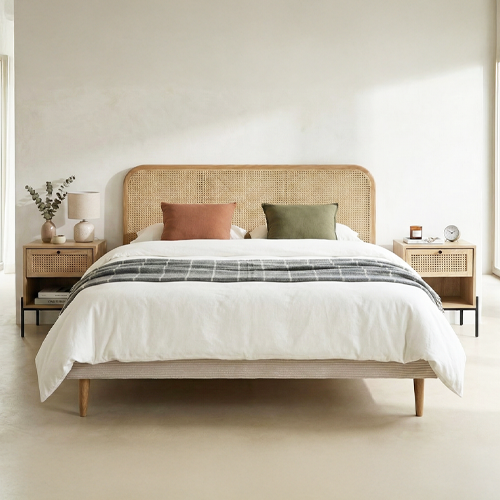 Ensemble Lit adulte 140x190 cm en velours côtelé beige avec tête de lit en cannage Dalia + lot de 2 chevets Iris