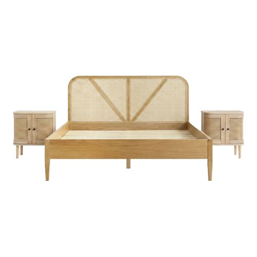 Ensemble Lit adulte 180x200 cm en bois avec tête de lit en bois massif et cannage Leonie + lot de 2 chevets Bali