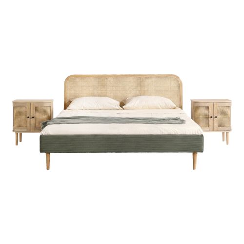 Ensemble Lit adulte 180x200 cm en velours côtelé vert kaki avec tête de lit en cannage Dalia + lot de 2 chevets Bali