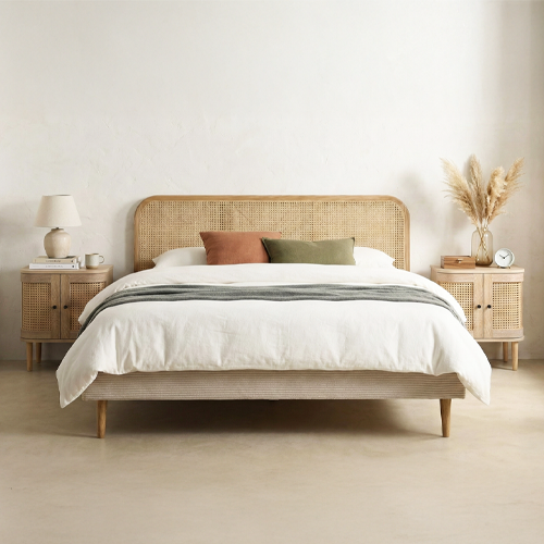 Ensemble Lit adulte 160x200 cm en velours côtelé beige avec tête de lit en cannage Dalia + lot de 2 chevets Bali