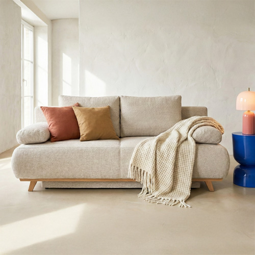 Canapé convertible 3 places avec coffre de rangement en tissu chenille taupe - Laria