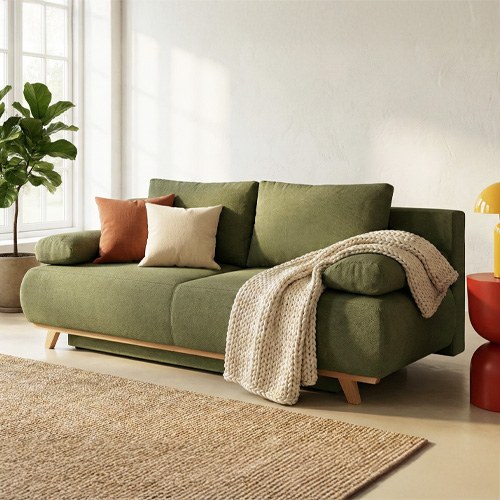 Canapé convertible 3 places avec coffre de rangement en tissu chenille vert olive - Laria