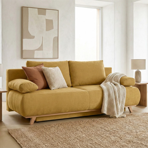 Canapé convertible 3 places avec coffre de rangement en tissu chenille jaune moutarde - Laria