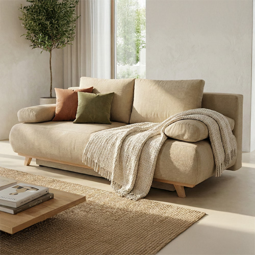 Canapé convertible 3 places avec coffre de rangement en tissu chenille moka - Laria