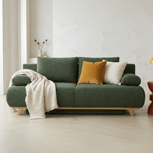 Canapé convertible 3 places avec coffre de rangement en tissu bouclé vert foncé - Laria
