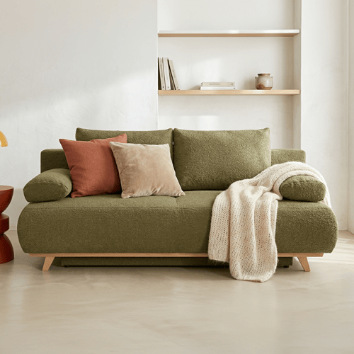 Canapé convertible 3 places avec coffre de rangement en tissu bouclé jaune moutarde - Laria