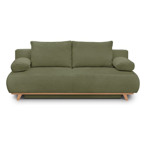 Canapé convertible 3 places avec coffre de rangement en tissu bouclé vert olive - Laria