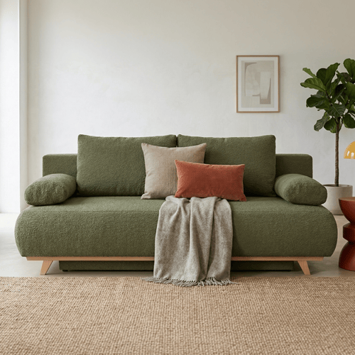 Canapé convertible 3 places avec coffre de rangement en tissu bouclé vert olive - Laria