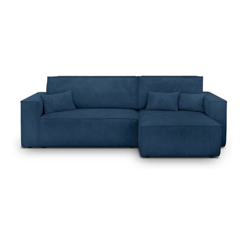Canapé d'angle convertible réversible 4 places avec coffre de rangement en velours côtelé bleu - Livia