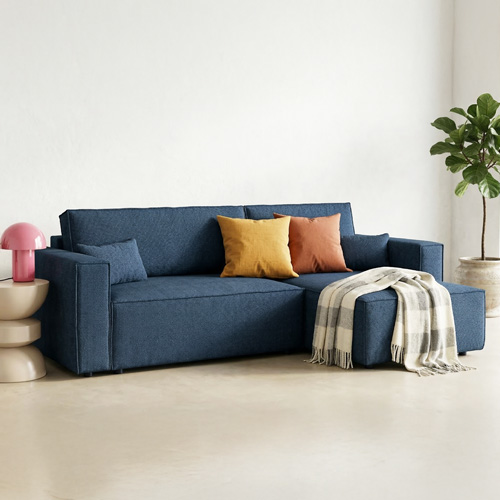 Canapé d'angle convertible réversible 4 places avec coffre de rangement en tissu chenille bleu foncé - Livia