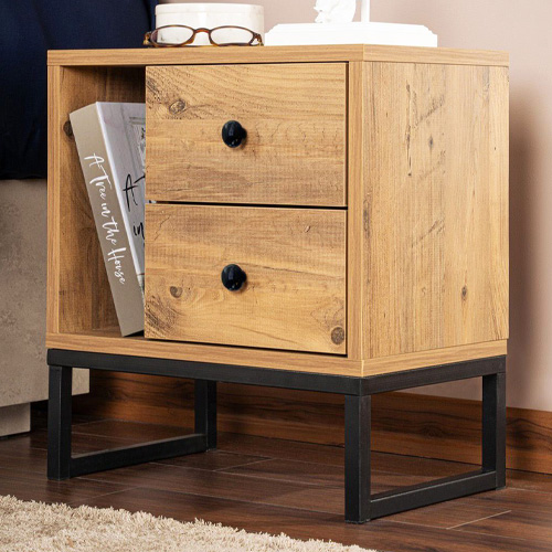 Table de chevet 2 tiroirs effet bois et piètement noir 45 cm - Lior