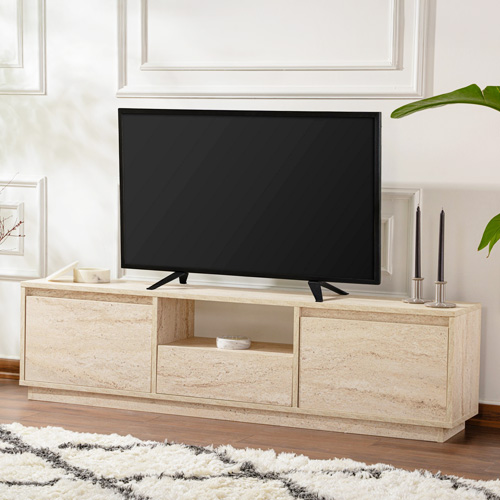 Meuble TV 3 portes 1 niche effet travertin 160 cm - Noane