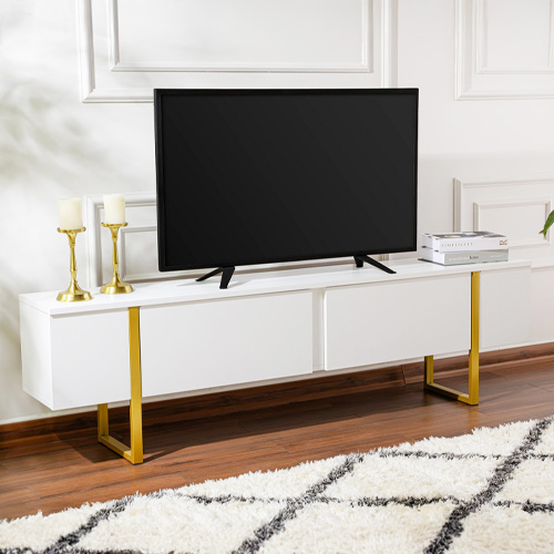 Meuble TV 2 portes blanc avec piètement doré 180 cm - Tessa