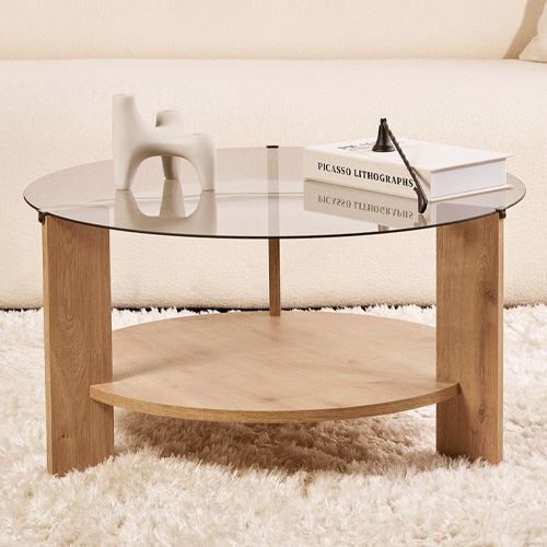 Table basse ronde effet Chêne et verre fumé Ø75 cm - Elora