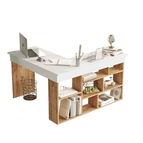 Bureau d'angle blanc, piètement et rangements effet bois 120x120 cm - Elyra