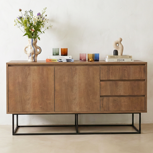 Buffet 2 portes 3 tiroirs effet Noyer 140 cm - Nerio