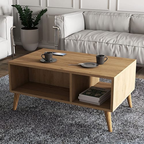 Table basse rectangulaire 3 niches effet chêne 90 cm - Porto