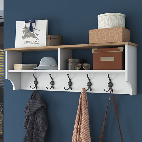 Etagère d'entrée murale avec niches et patères blanc & effet Noyer 120 cm - Taren