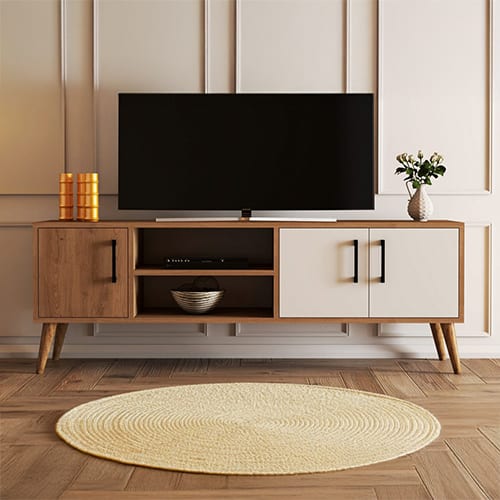 Meuble TV 3 portes 2 niches effet chêne & blanc 150 cm - Porto