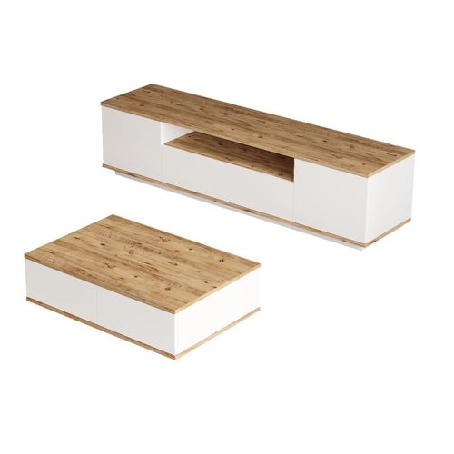 Ensemble meuble TV et table basse blanc & effet bois - Ravia