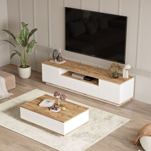 Ensemble meuble TV et table basse blanc & effet bois - Ravia