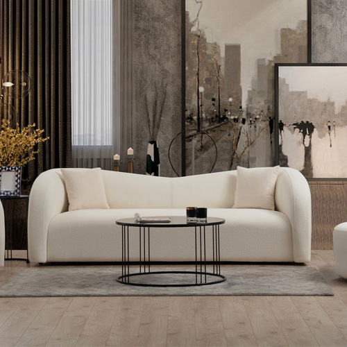 Canapé arrondi 2 places en tissu bouclé beige - Miro