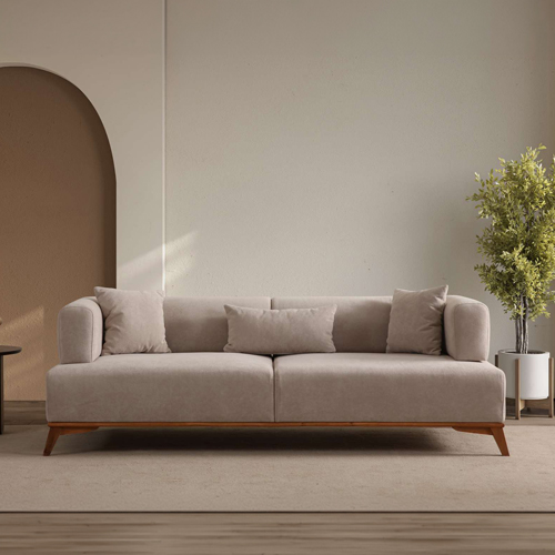 Canapé droit 3 places en tissu taupe, piètement marron - Tano