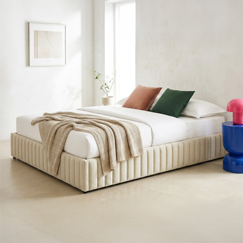Lit coffre adulte 160x200 cm en tissu chenille beige - Balto