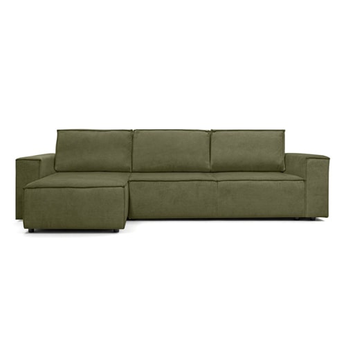 Canapé d'angle convertible réversible 5 places avec coffre de rangement en tissu chenille vert olive - Harper
